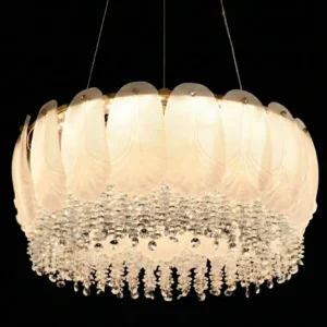 Royal Feather Crystal Chandelier – Luxury Gold Pendant with Frosted Glass Leaves