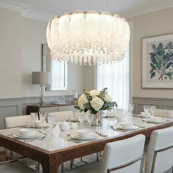 Royal Feather Crystal Chandelier – Luxury Gold Pendant with Frosted Glass Leaves