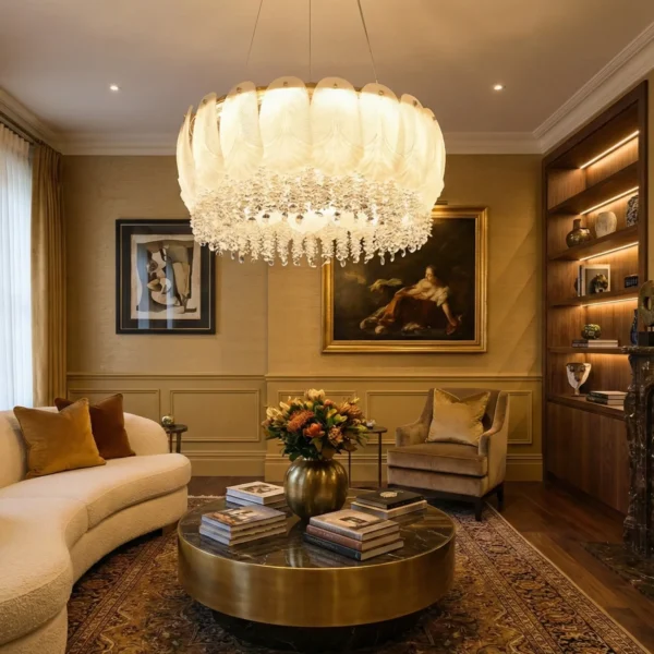 Royal Feather Crystal Chandelier – Luxury Gold Pendant with Frosted Glass Leaves