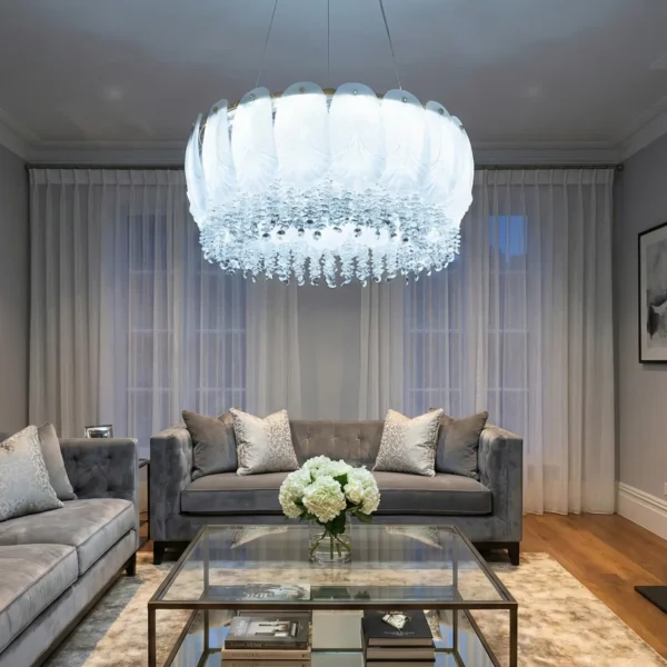 Royal Feather Crystal Chandelier – Luxury Gold Pendant with Frosted Glass Leaves
