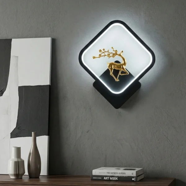 Golden Stag LED Wall Sconce – Modern Square Art Lamp (Tri-Color Light)