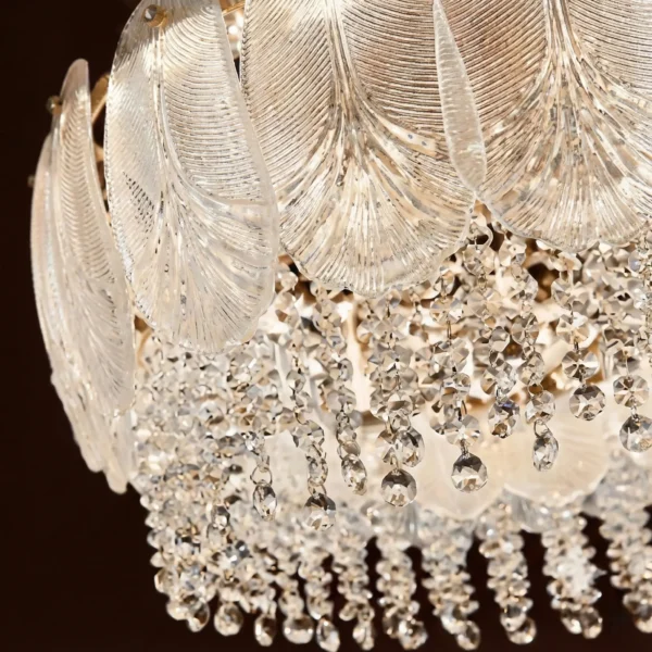 Royal Feather Crystal Chandelier – Luxury Gold Pendant with Frosted Glass Leaves