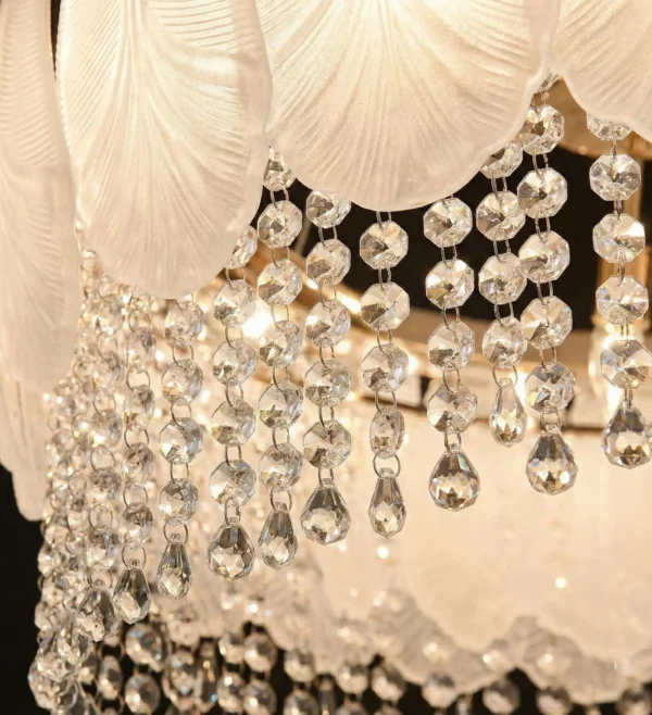 Royal Feather Crystal Chandelier – Luxury Gold Pendant with Frosted Glass Leaves